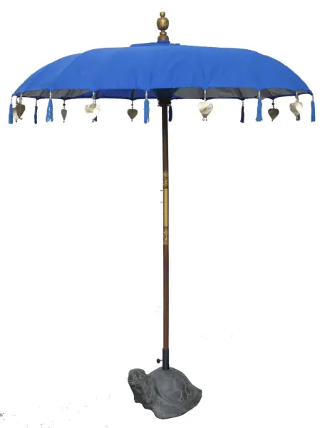 Product image 1 of the product “Bali umbrella, Turquoise with wooden coins and gold leaves hanging around the edge. Approx. 190cm dia. and 250cm height ”